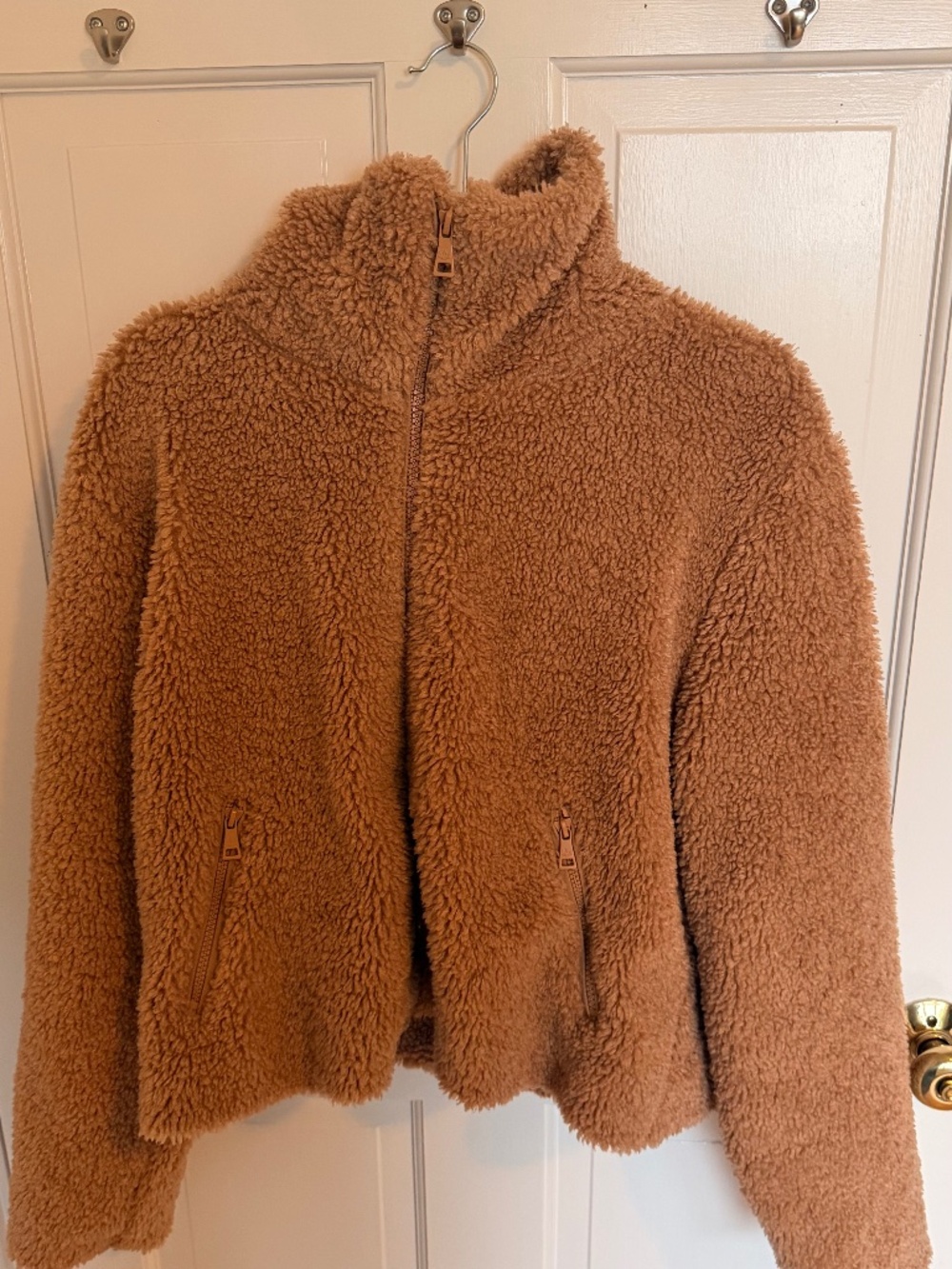 Beyond Yoga Sherpa Teddy Jacket Size L Camel Tan Full Zip Funnel Neck